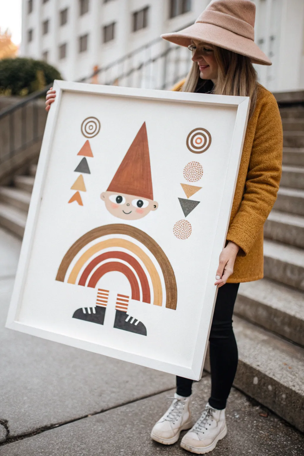 Modern abstract elf cues in bold shapes, clean negative space, and warm Nordic boho tones