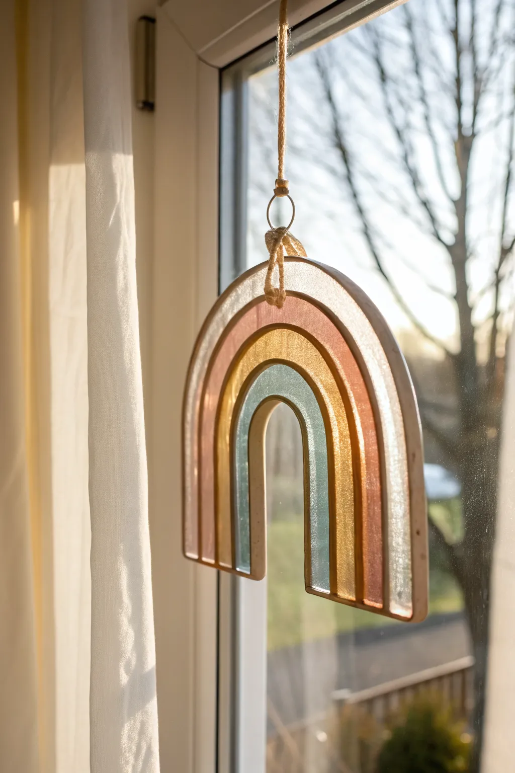 DIY stained-glass resin suncatcher casting soft rainbow shards on a calm Scandinavian table