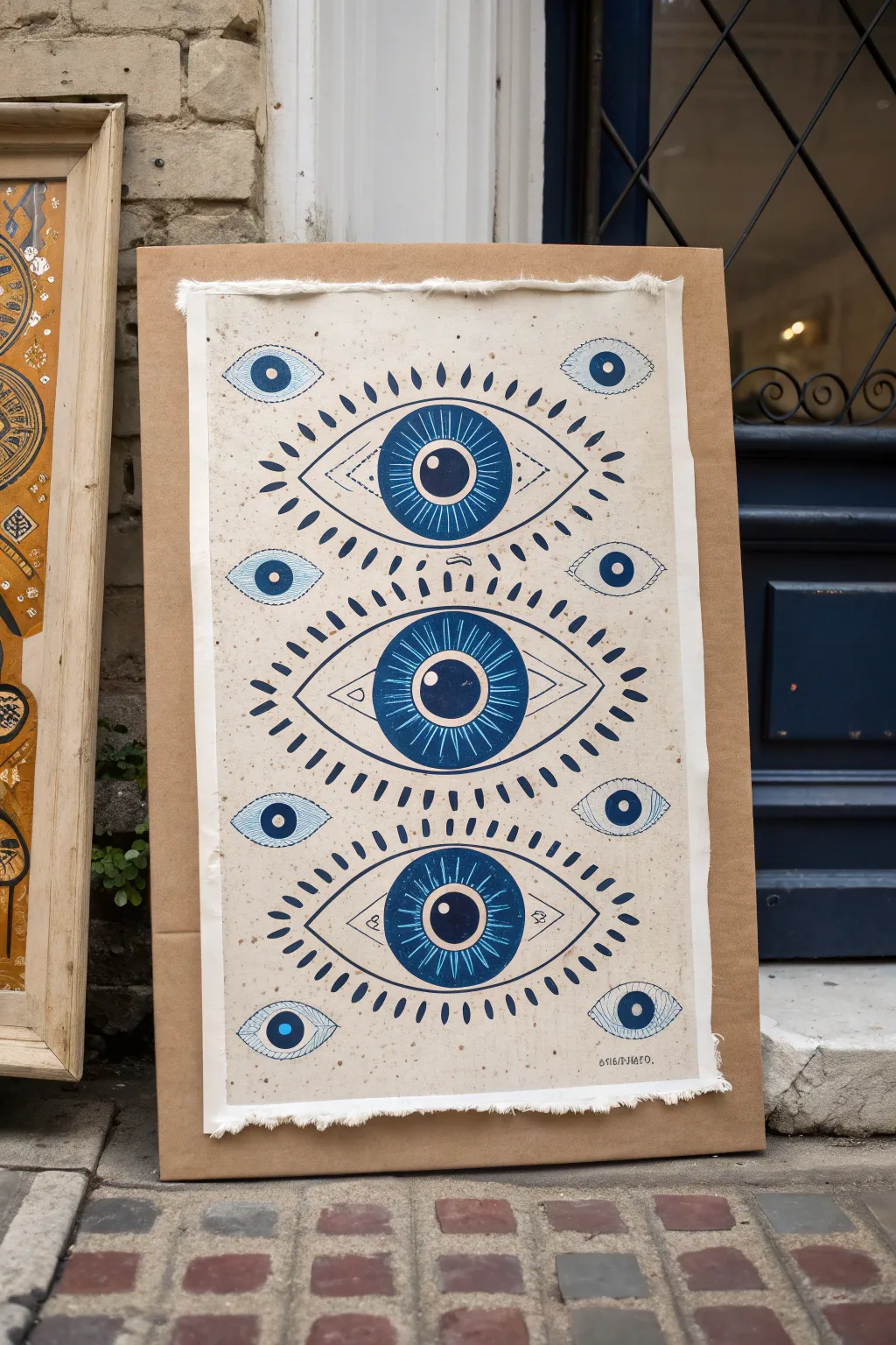 Layered evil eye collage poster with torn paper, bold ink marks, and playful paint splatters.