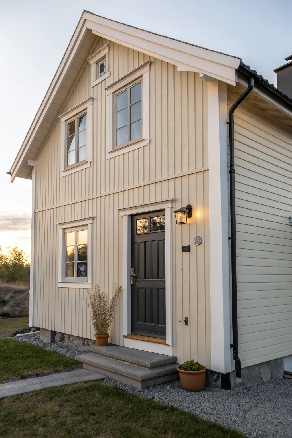 Monochrome exterior: greige siding, pale trim, and a deeper door for subtle contrast