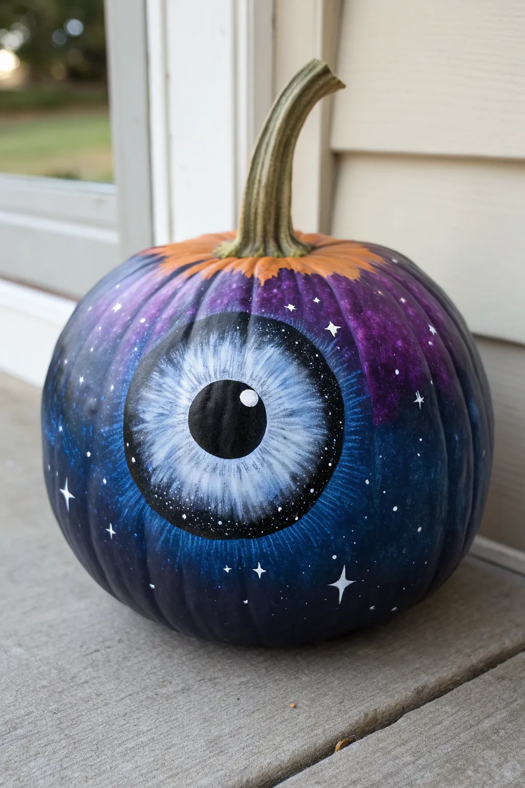 Galaxy iris eyeball pumpkin with deep blues, star speckles, and a bold black pupil glow