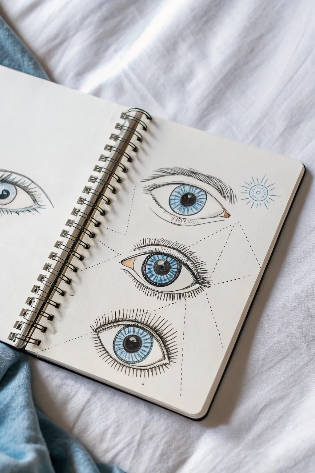 Minimal eye style sheet with glitch scanlines, split pupils, X pupil, and glowing fantasy irises