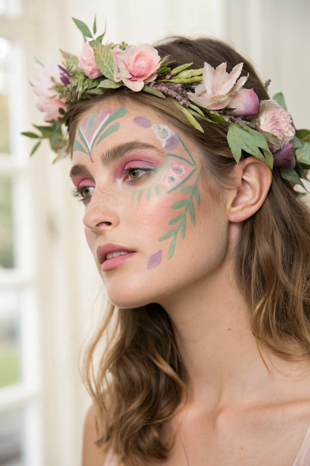 Soft pastel floral forehead garland face paint, minimalist boho vibe for quick, pretty looks