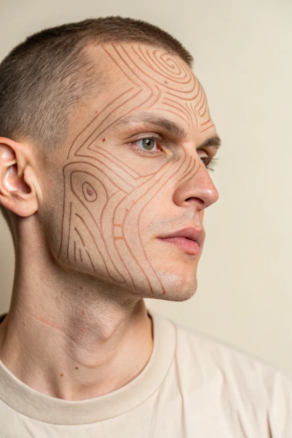 Minimal topographic contour lines on a mans cheekbone, sleek Scandinavian face paint idea.