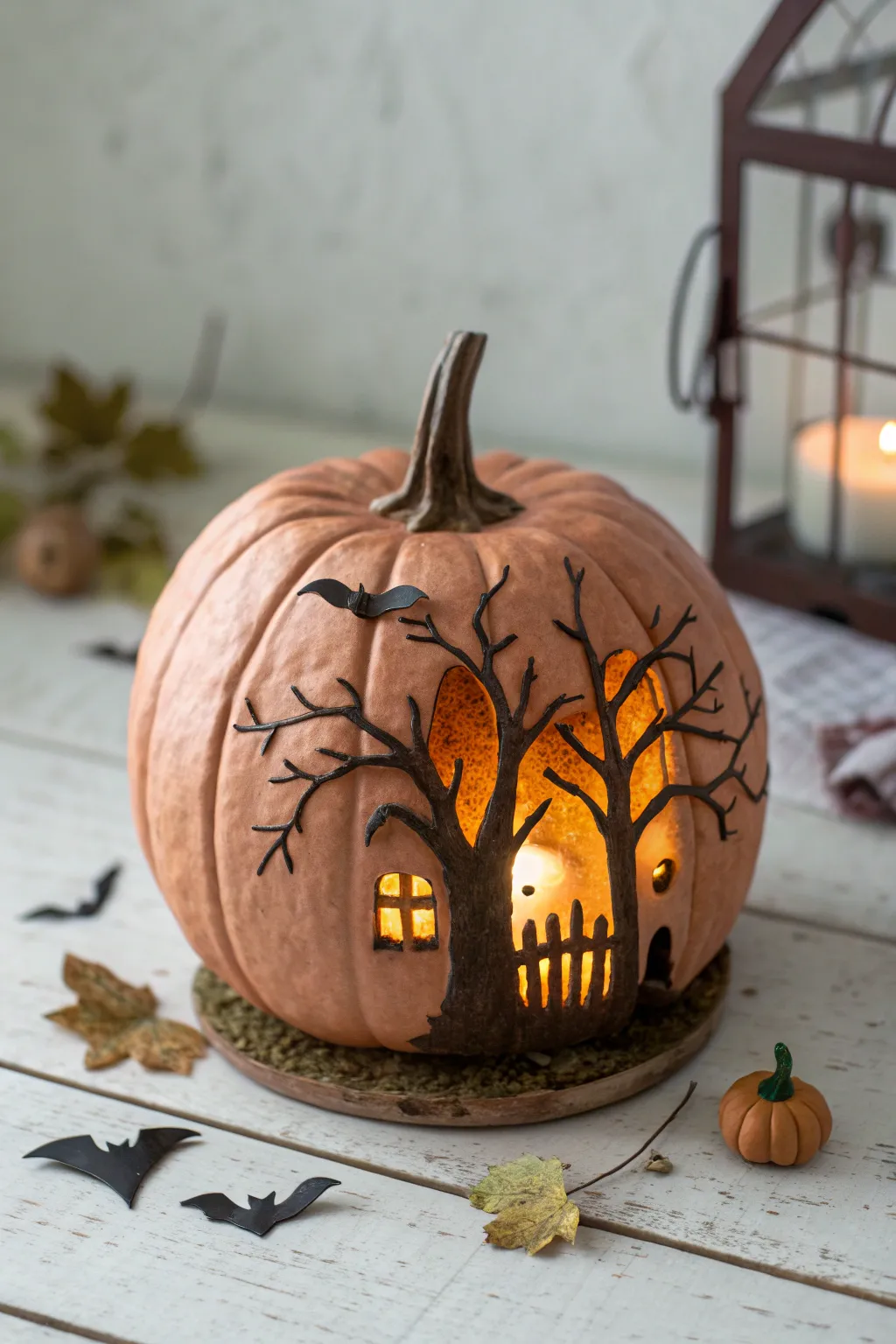Mini haunted pumpkin diorama with warm inner glow, tiny shadows, and handcrafted spooky details