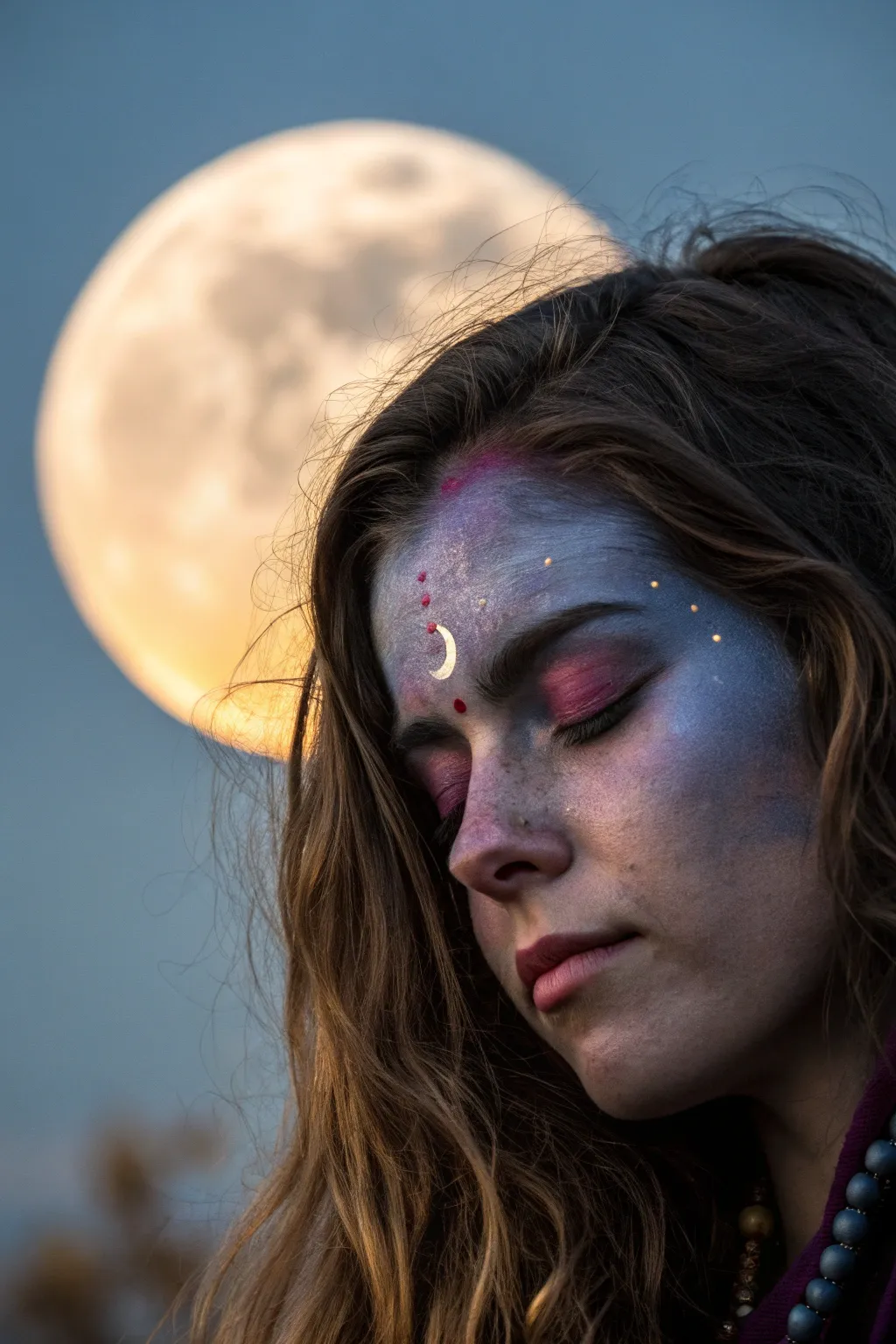 Harvest moon temple face paint in deep night-sky tones with drifting leaf silhouettes