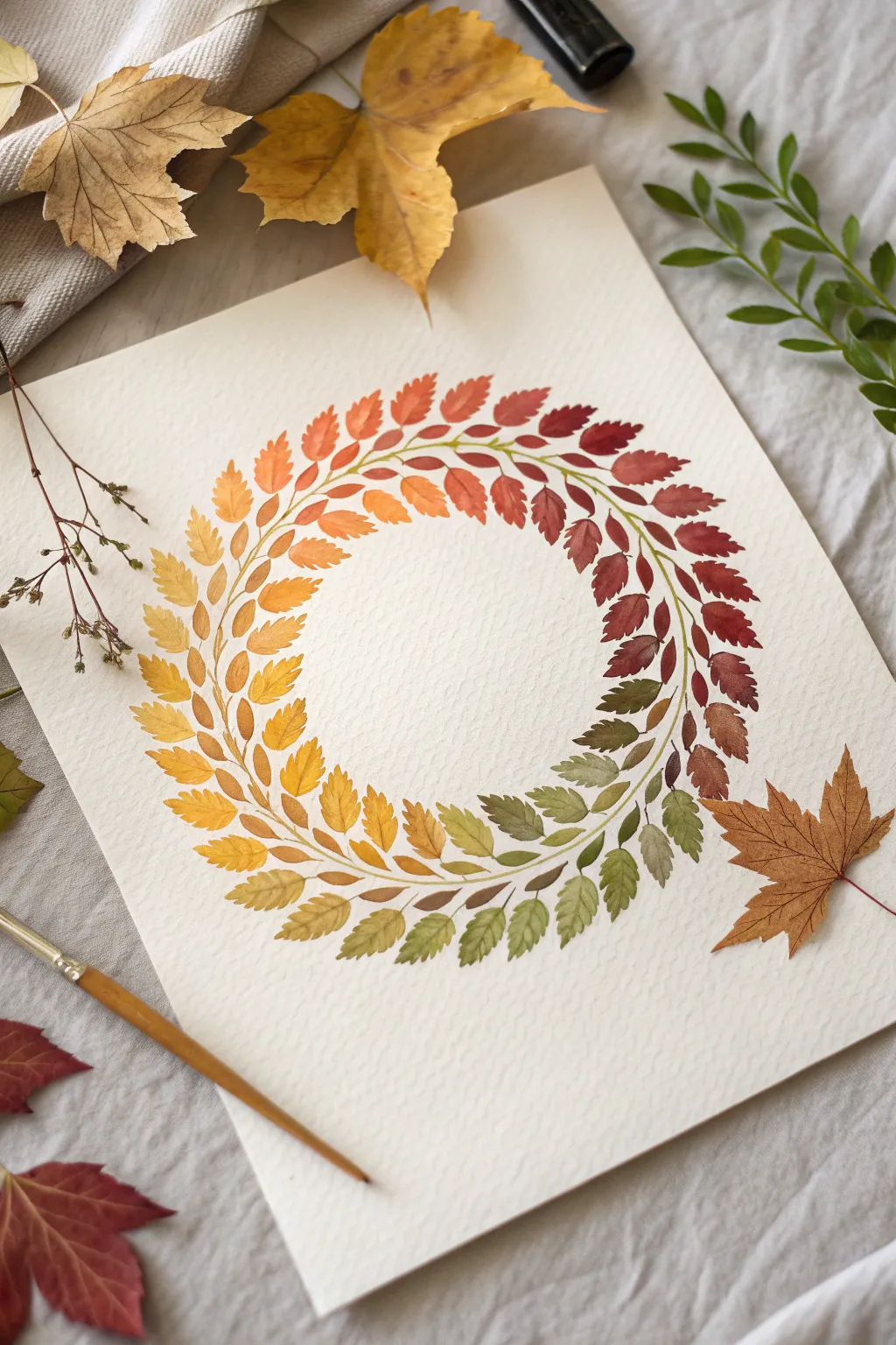 Fingerprint leaf wreath in a soft autumn gradient, minimalist and cozy for fall finger painting