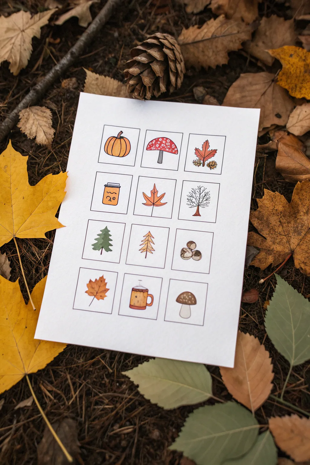 Mini fall icon grid to copy: simple warm watercolor motifs for quick, cozy autumn practice.