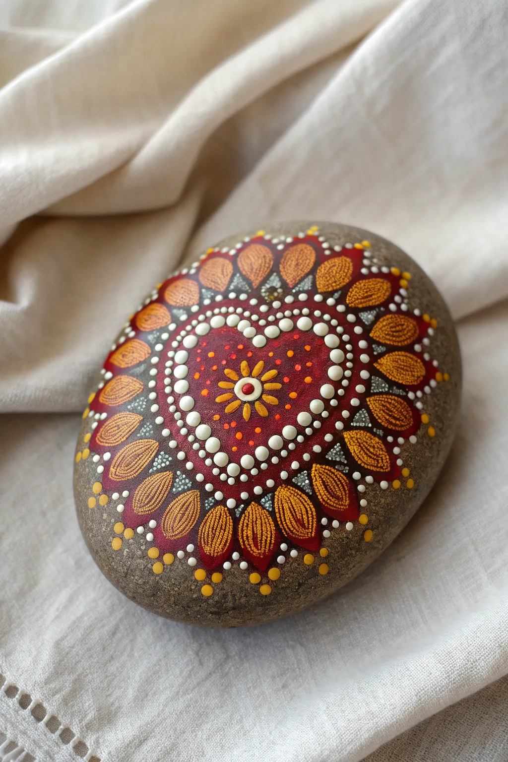 Mandala autumn heart rock in rust, gold, and deep red—minimal, detailed, and cozy