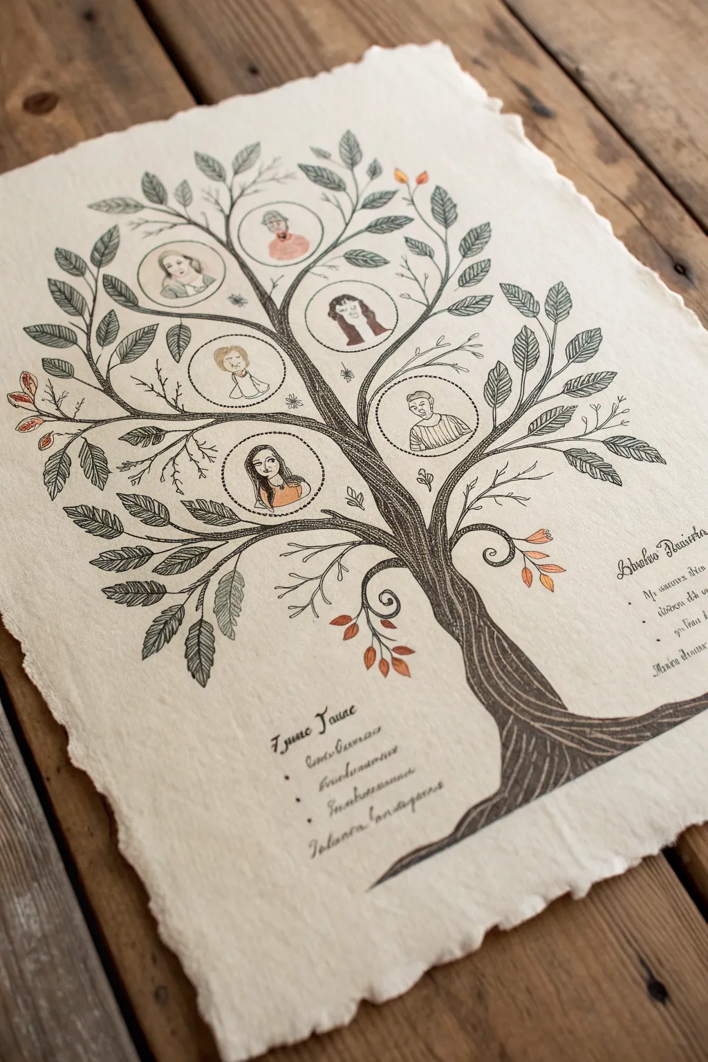 Minimalist boho family tree drawing with portrait leaves, perfect for heartfelt family art.