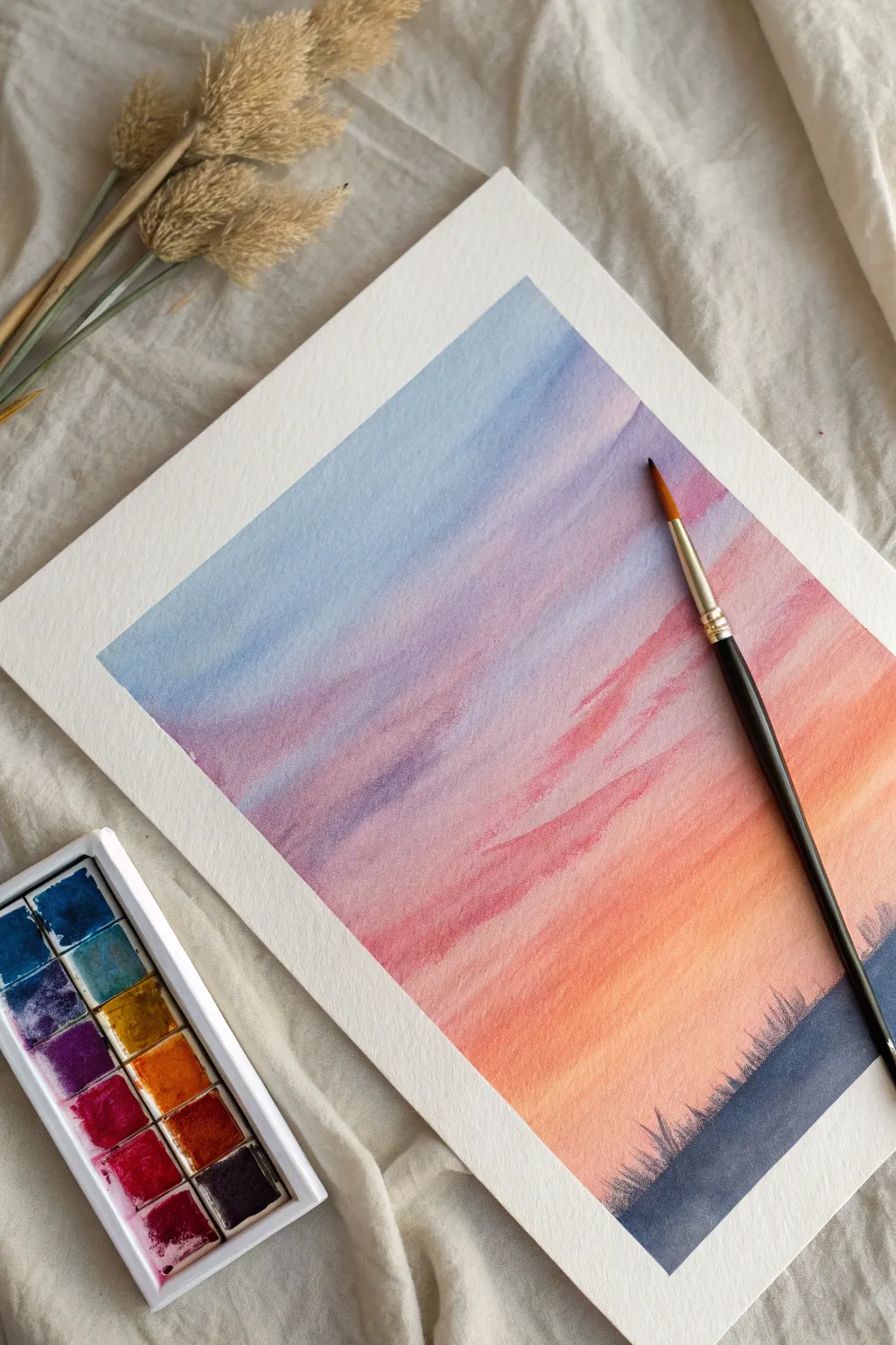 Fan brush sunset gradient blending, warm-to-cool sky with a smooth, stripe-free transition.