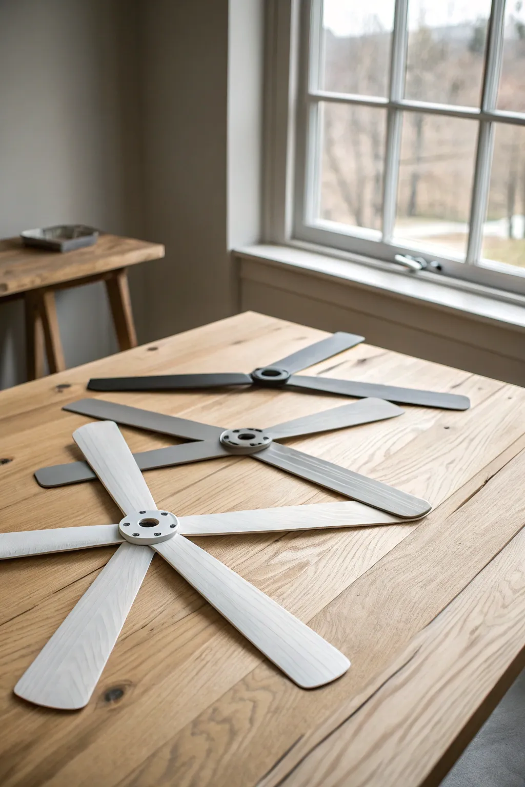 Grayscale value study on fan blades: smooth light-to-dark gradients for calm, minimalist practice.