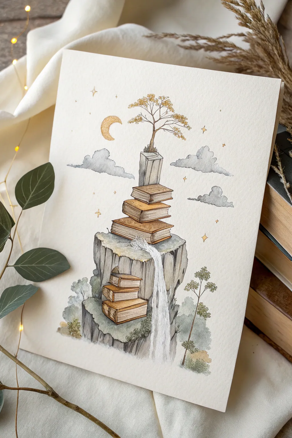 Easy fantasy idea: stacked books become floating cliffs with waterfalls and soft glowing accents