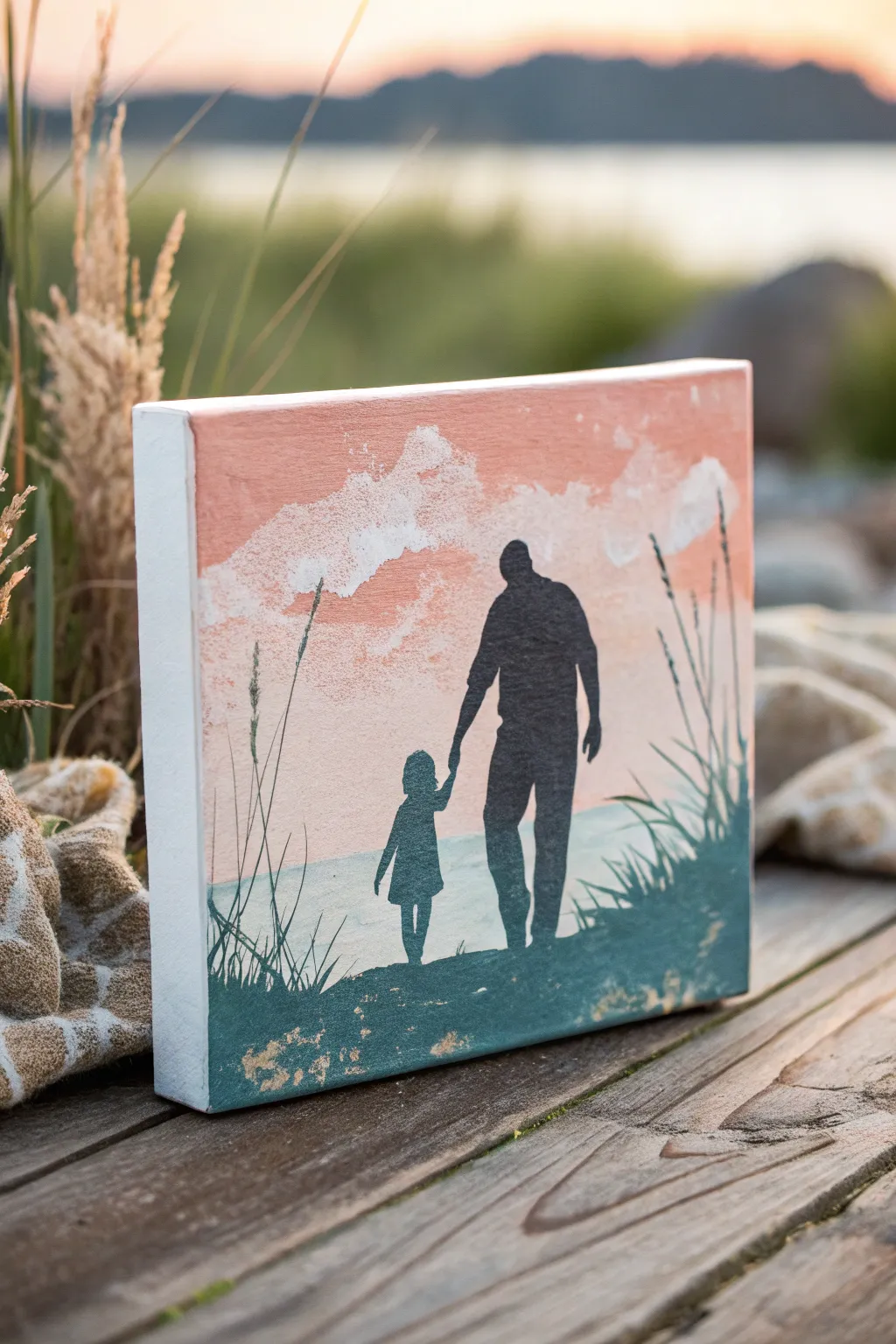 Negative space dad and daughter silhouette glowing against a textured boho color wash.