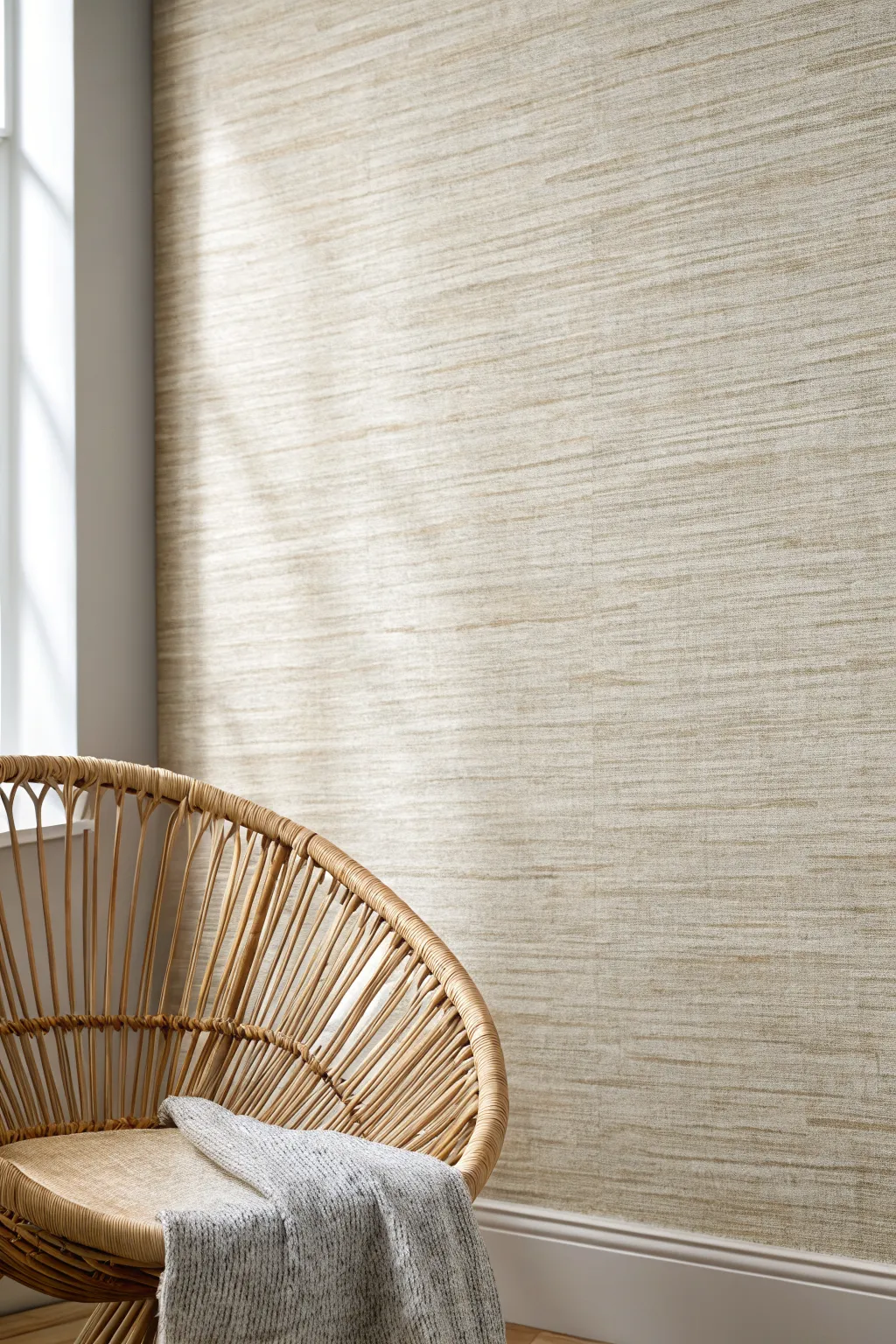 Faux grasscloth crosshatch finish in soft neutrals, cozy boho detail, minimalist calm.