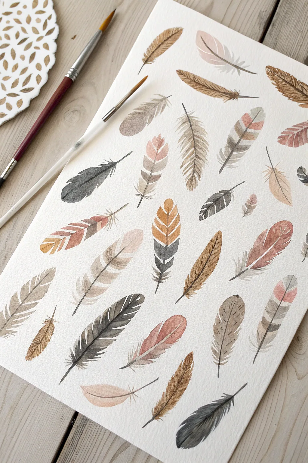 Practice fan-brush feather flicks in calm boho neutrals on clean white paper, straight-on view