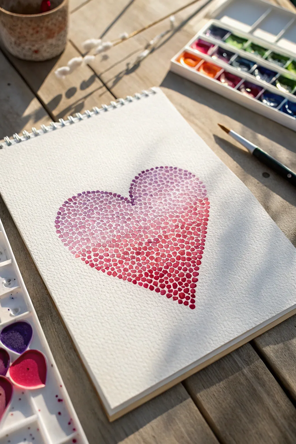 Pointillism Valentine heart with a red to pink to purple dot gradient on crisp white paper
