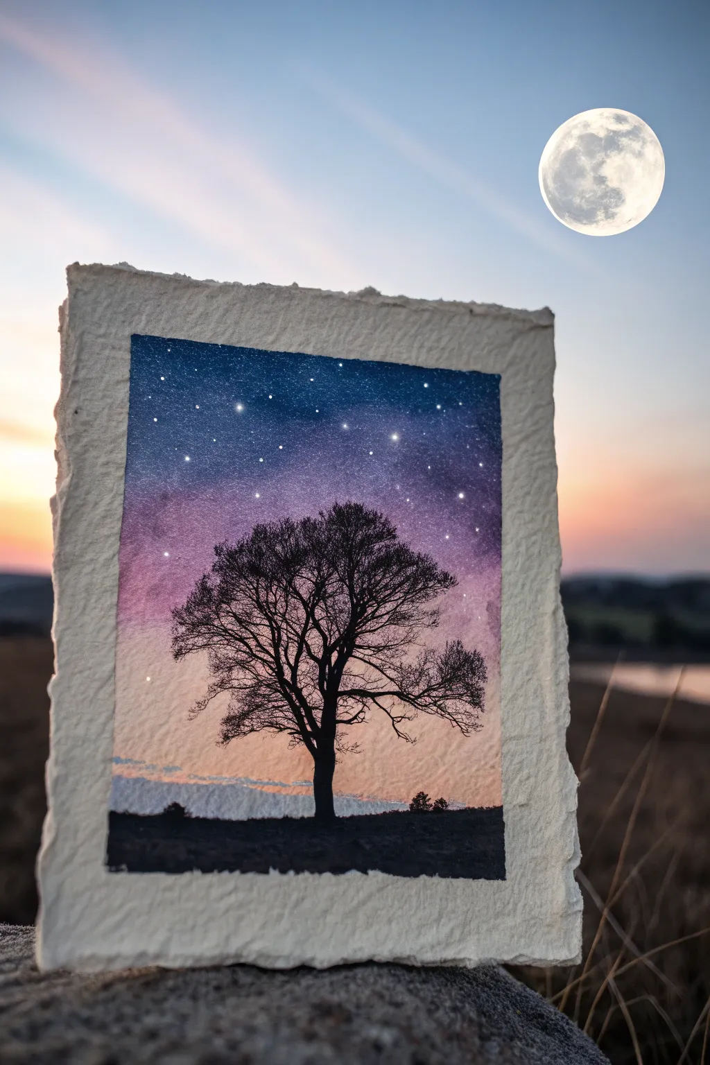 Crisp tree silhouette on a dreamy starry gradient sky, perfect for minimalist celestial art.