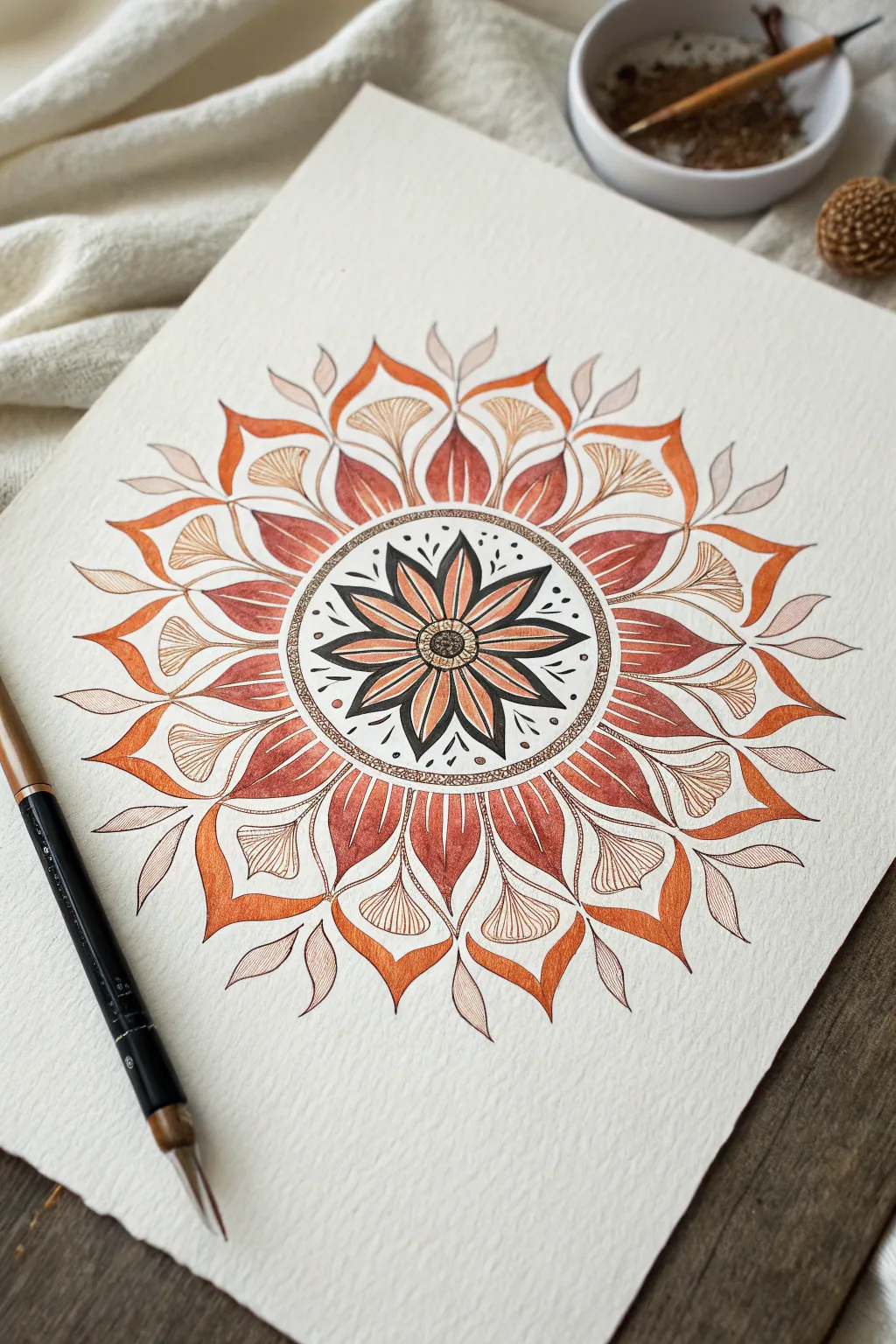 Abstract flame mandala with bold ink lines and warm terracotta washes, minimalist and boho