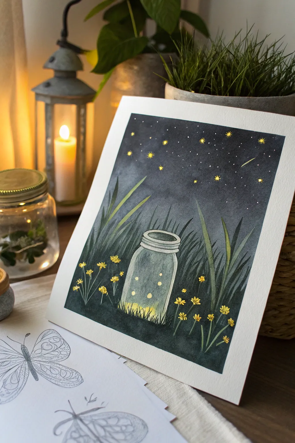 Subtle by day, magical by night: glow-in-the-dark fireflies on a minimalist jar painting.