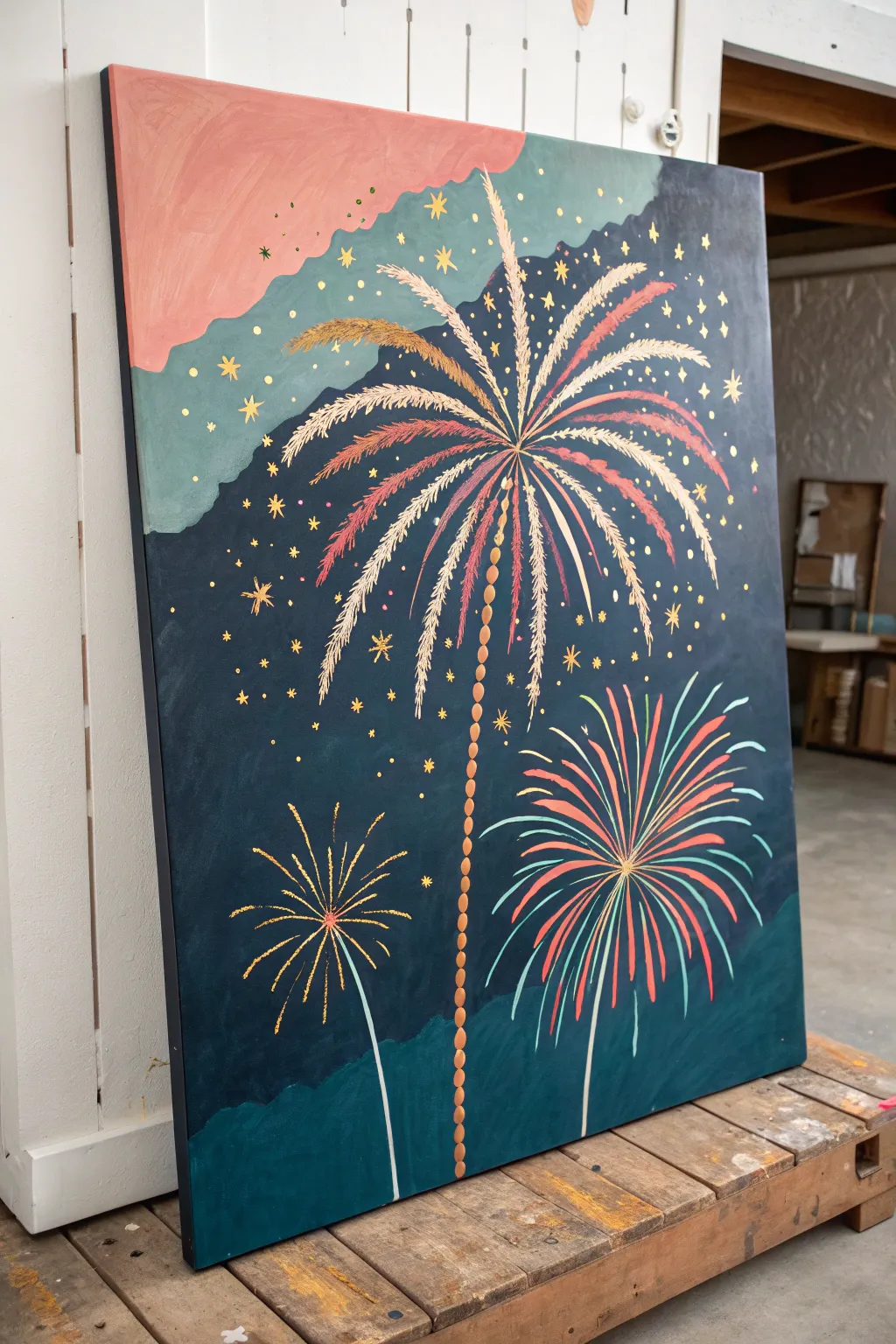 Abstract fireworks from bold color fields and scribbled bursts, glowing against a deep night backdrop