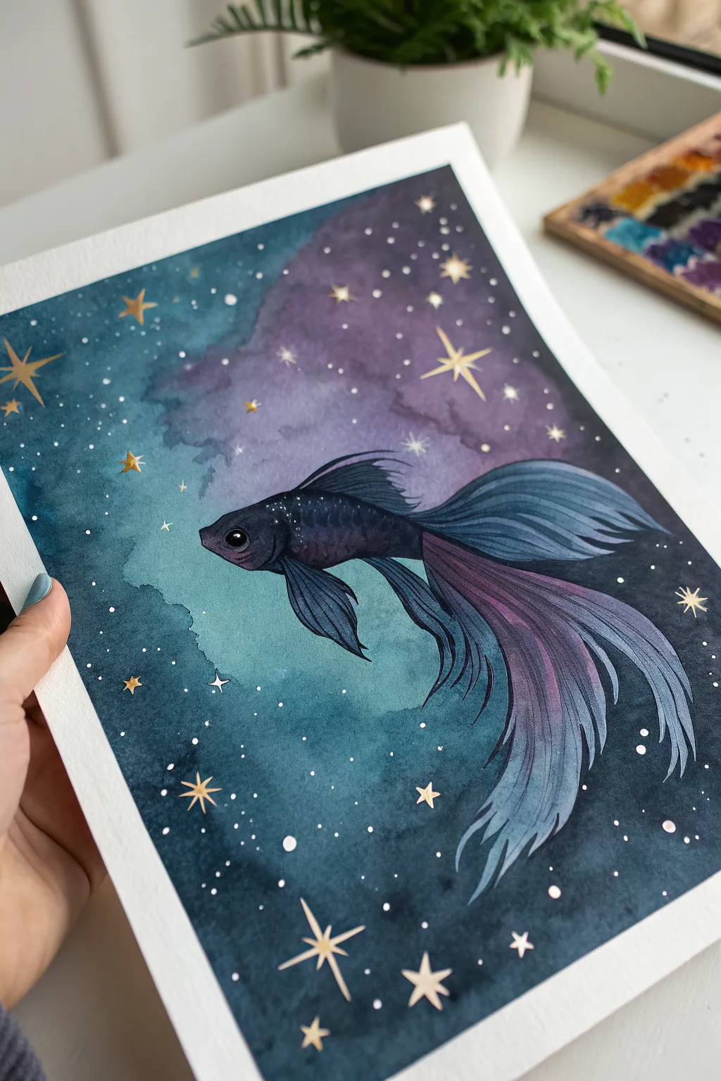 Dreamy galaxy water fish painting idea: glowing fins, star-speckled navy and violet depth