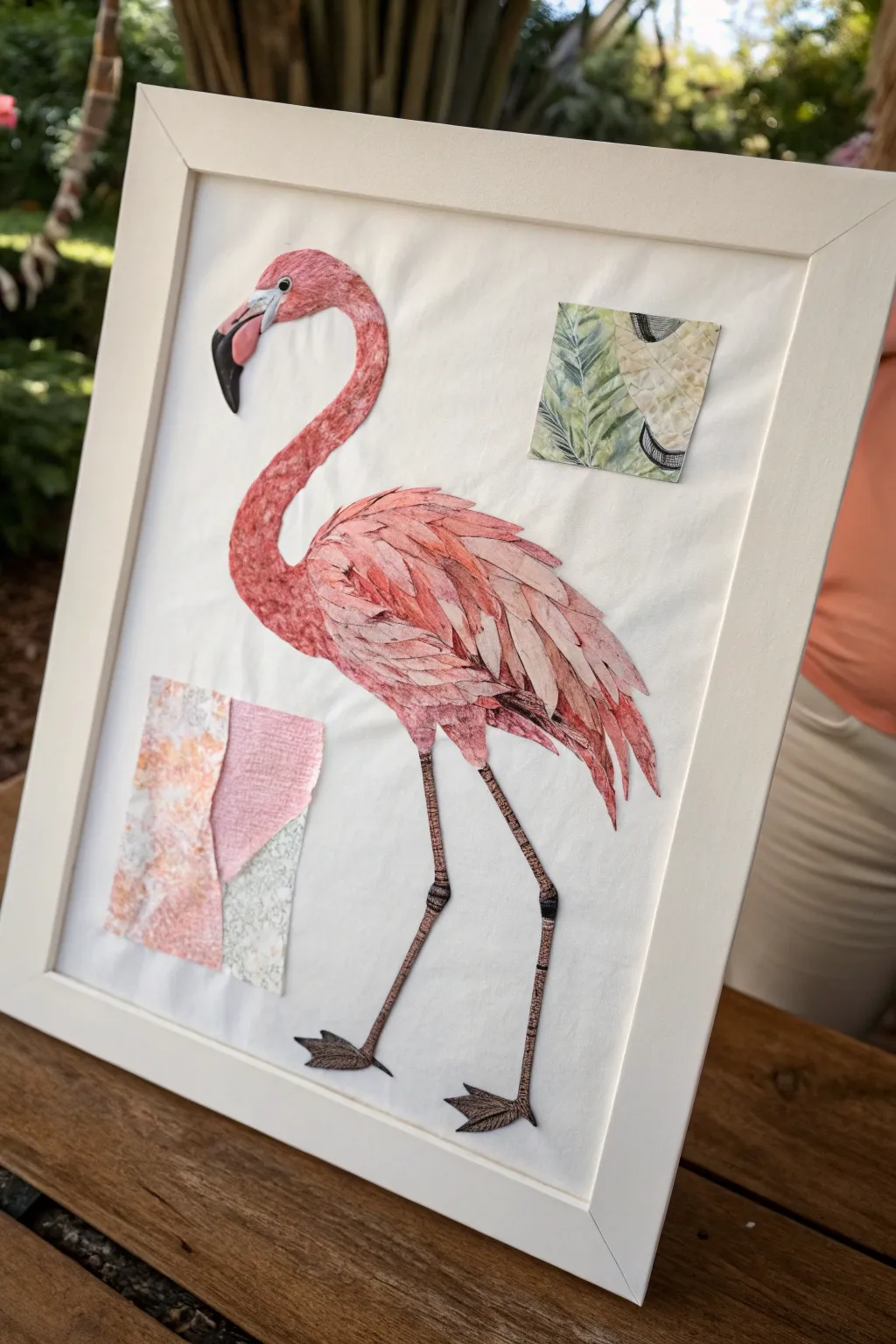 Minimal mixed media flamingo collage with layered paper feathers and soft pink washes