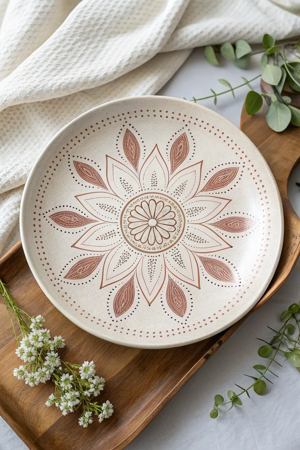 Dot-petal mandala blooms on a minimal ceramic plate, close-up texture and calming boho tones.