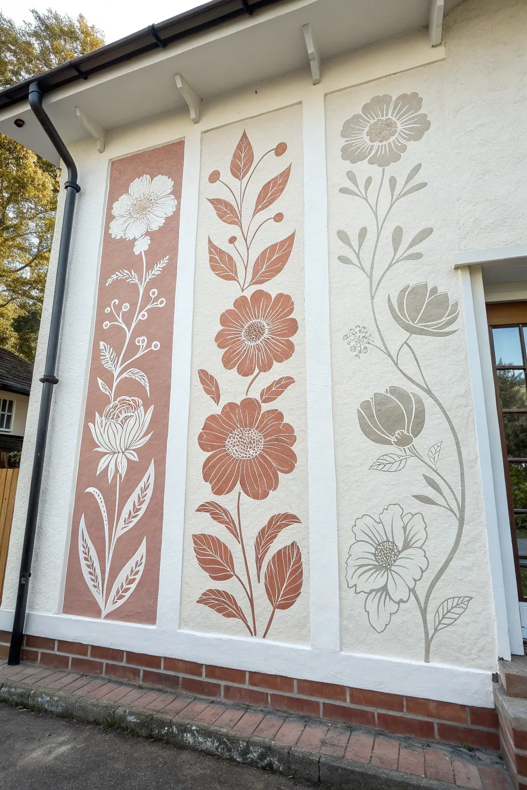 Stencil blooms in layers: base shapes, shadow tones, then crisp highlights for a clean, modern mural.