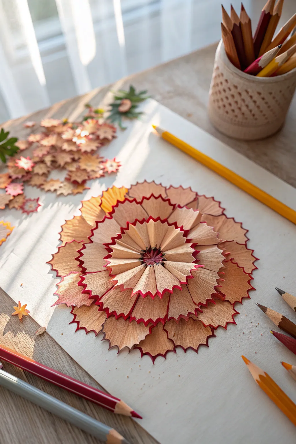 Colorful pencil shaving flower mandala, a calm minimalist craft flat lay for flower art ideas