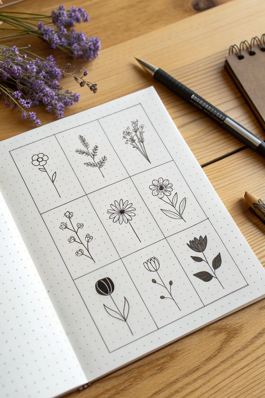 A clean grid practice page of simple flower doodles, minimalist Scandinavian with a boho touch