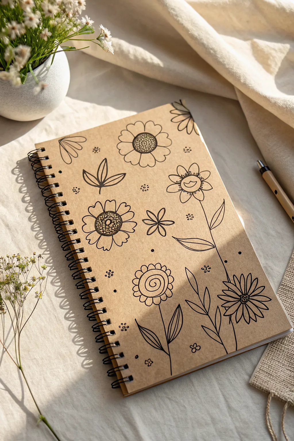 One-line continuous flower faces in black ink on warm paper, minimalist and beautifully easy.