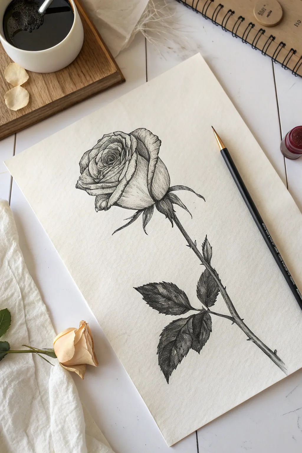 Find beauty in decay by sketching the brittle textures and moody silhouettes of withered flowers.