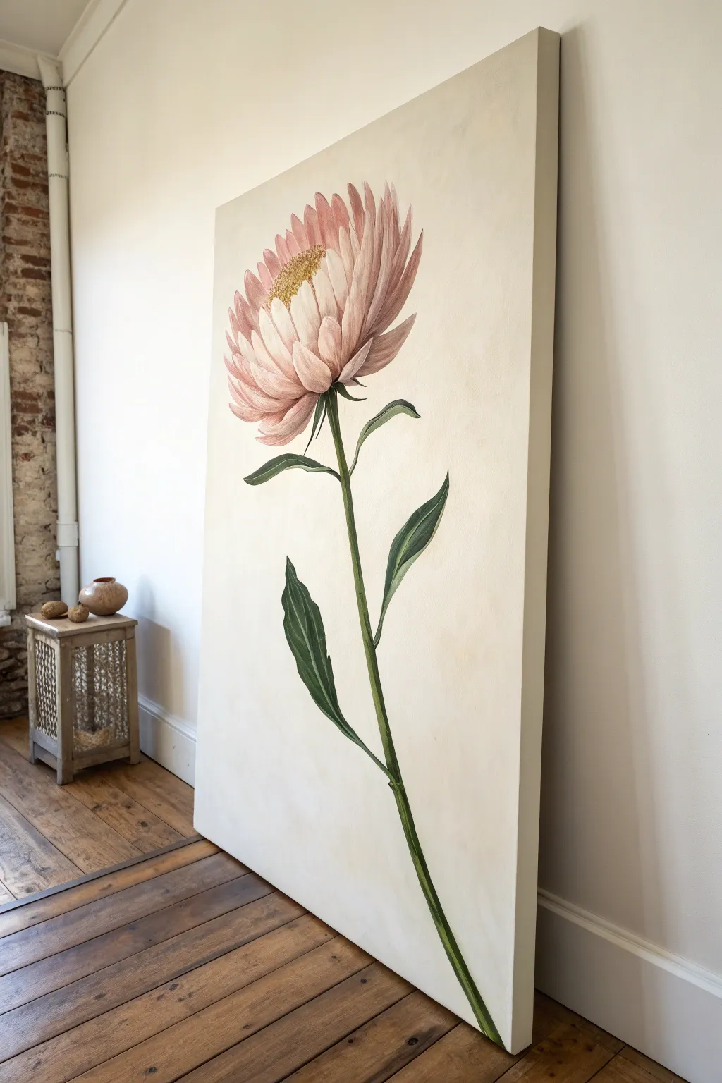 Minimalist cut-flower oil painting with airy negative space for a modern botanical portrait