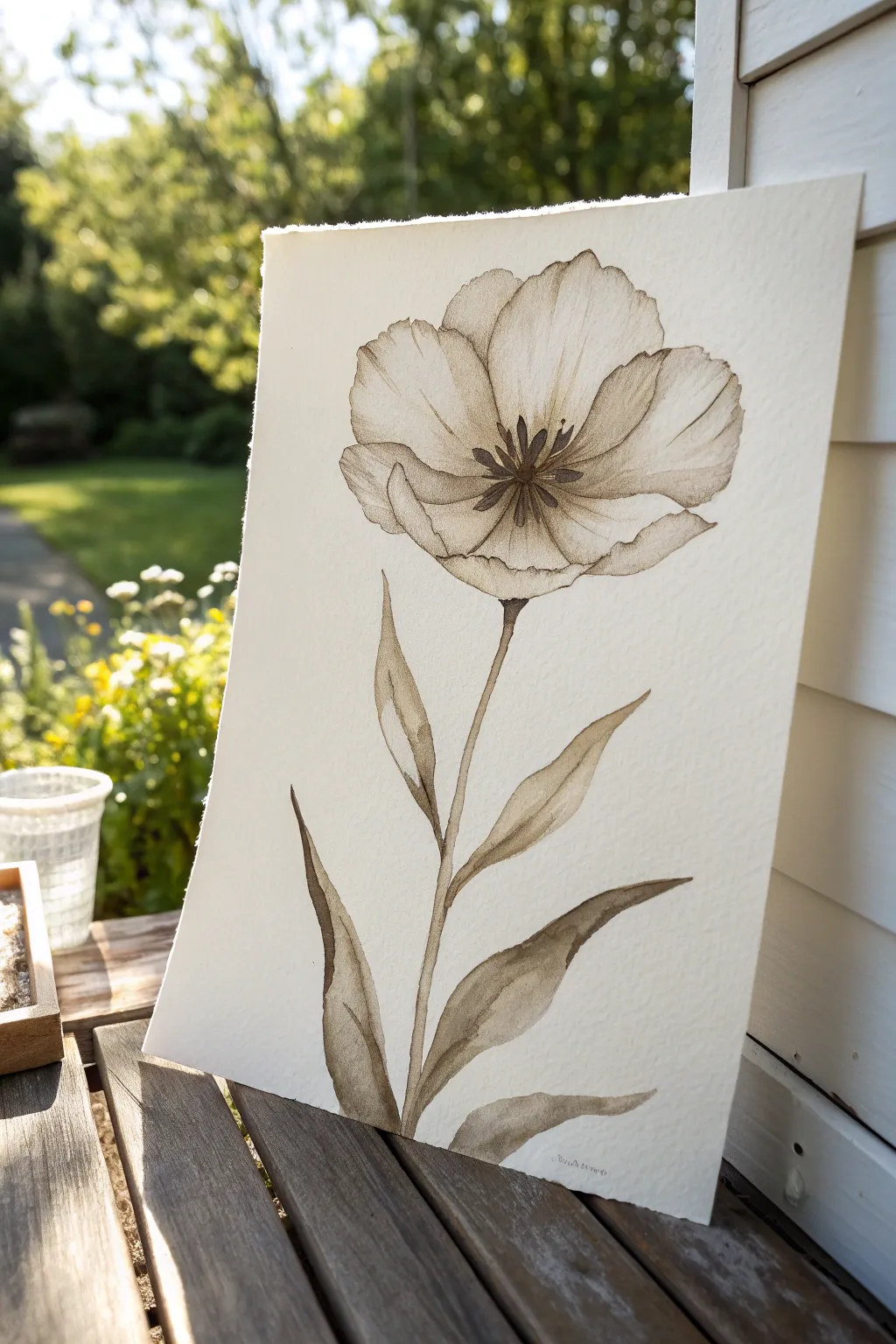 Monochrome flower watercolor with bold value contrast, sepia tones, and visible brushwork.
