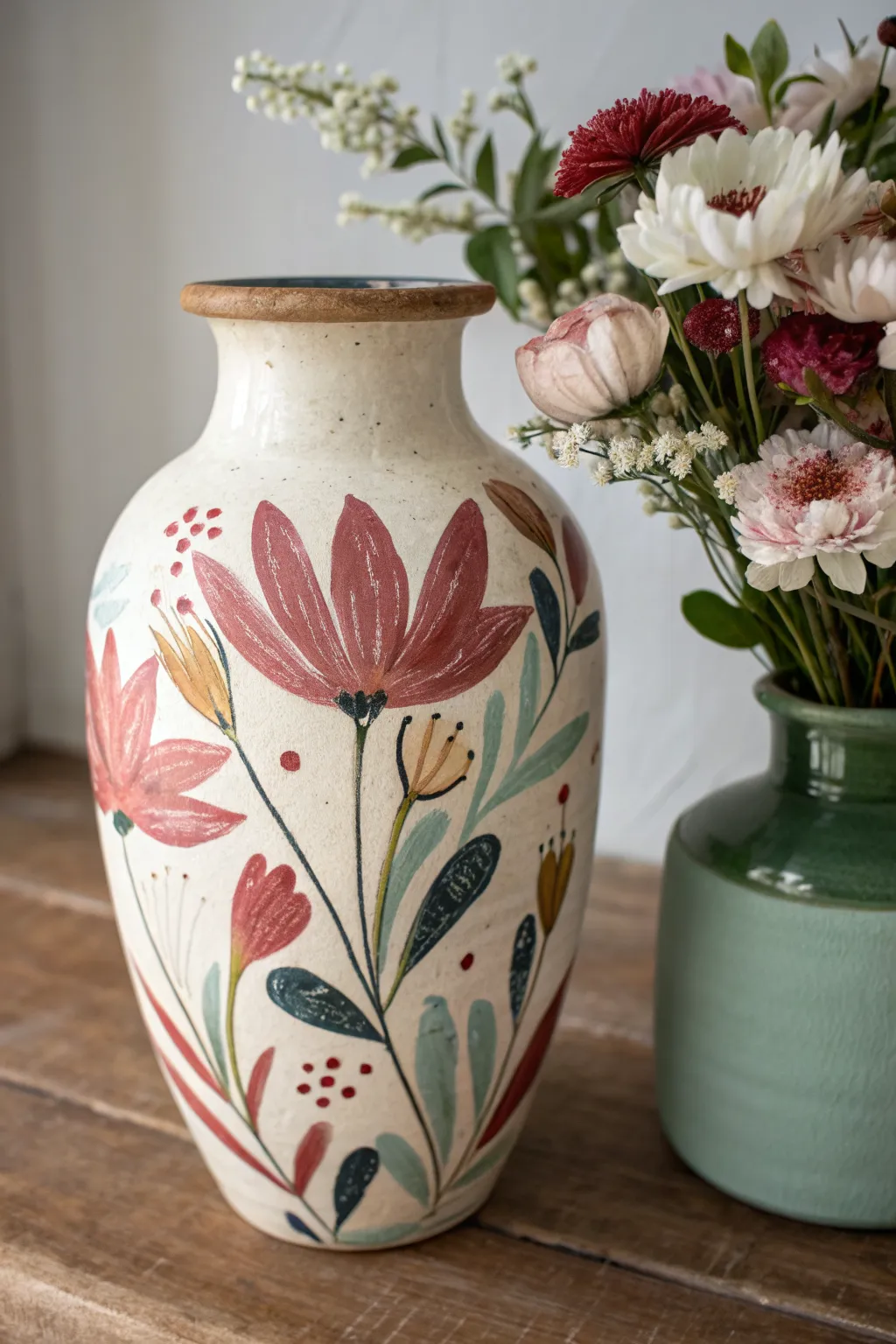 Bold abstract florals on a wide vase, captured in calm Scandinavian light and clean space.