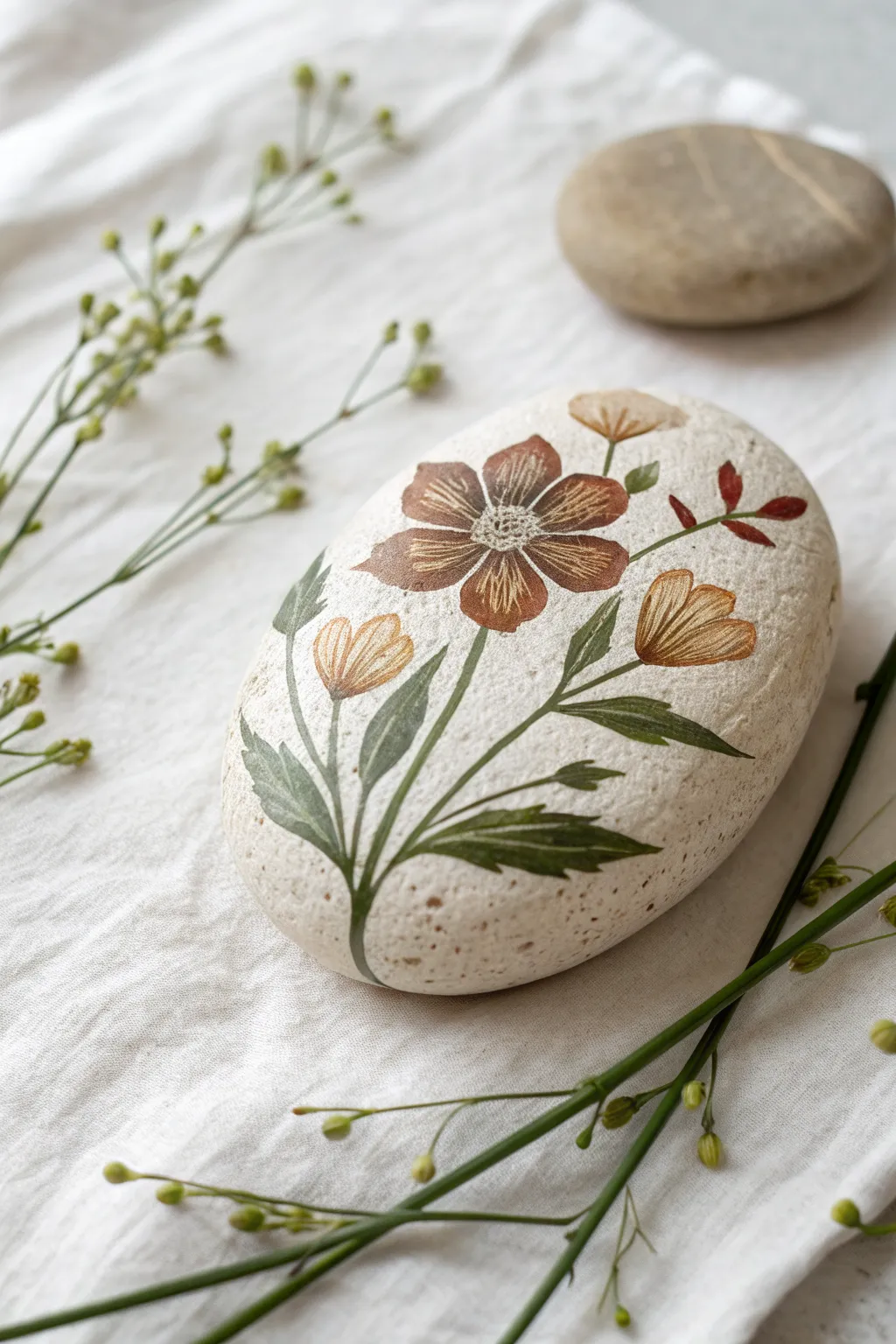 Negative-space florals on natural stone, letting the rock texture become part of the bloom