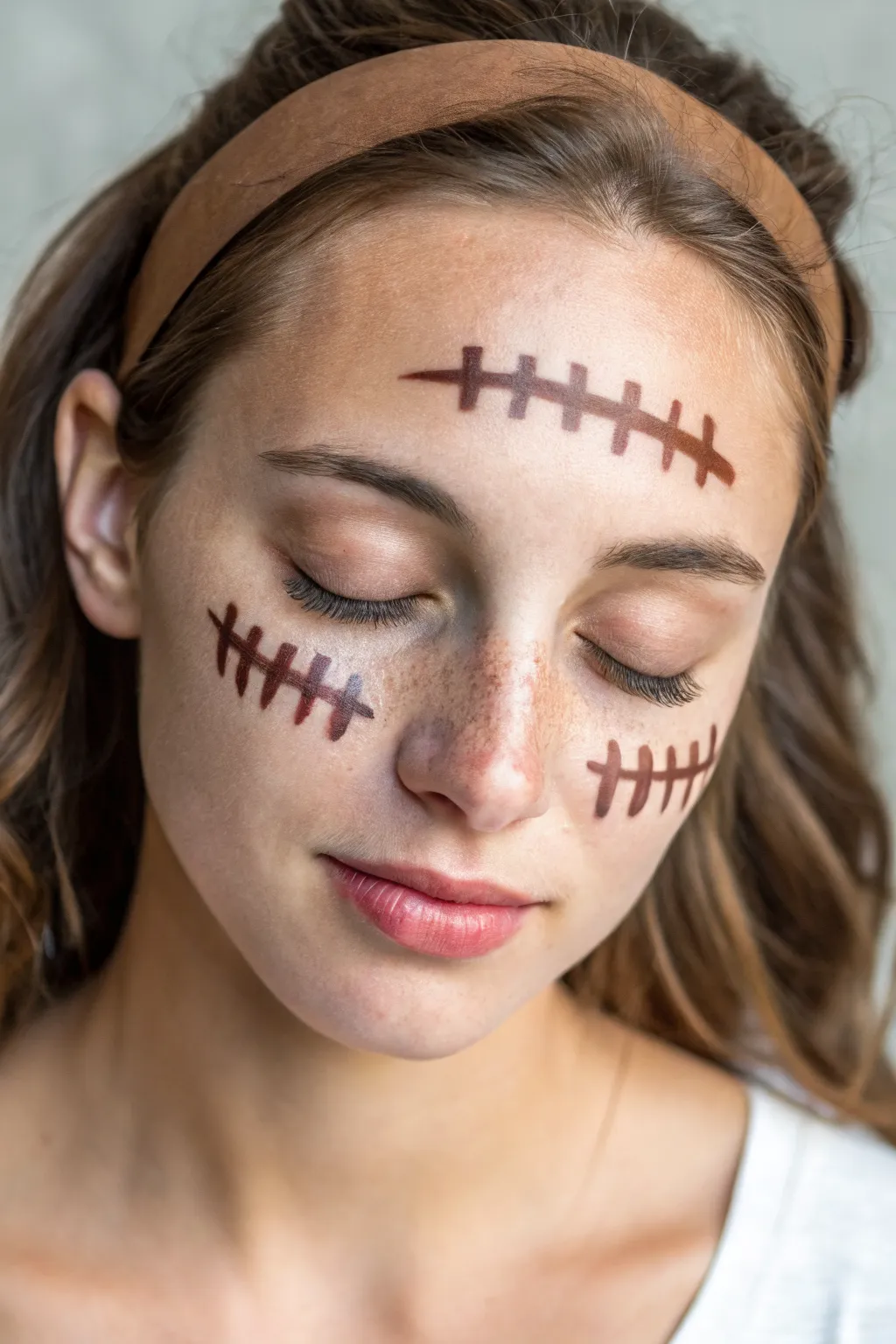 Minimal football lace face paint across the nose bridge with soft team-color cheeks