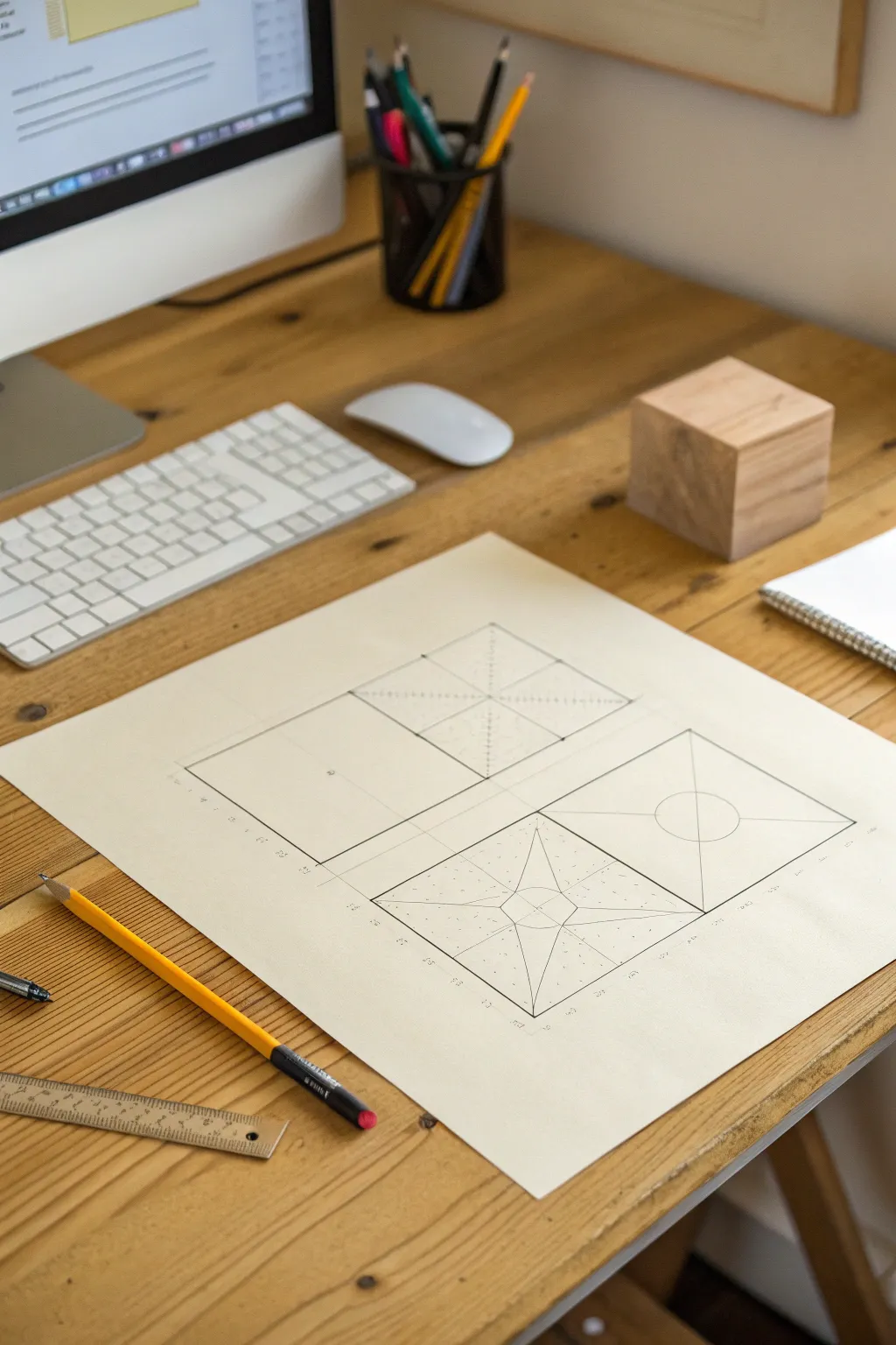 A minimal cube study with sliced faces and light construction lines to spark new form drawing ideas.