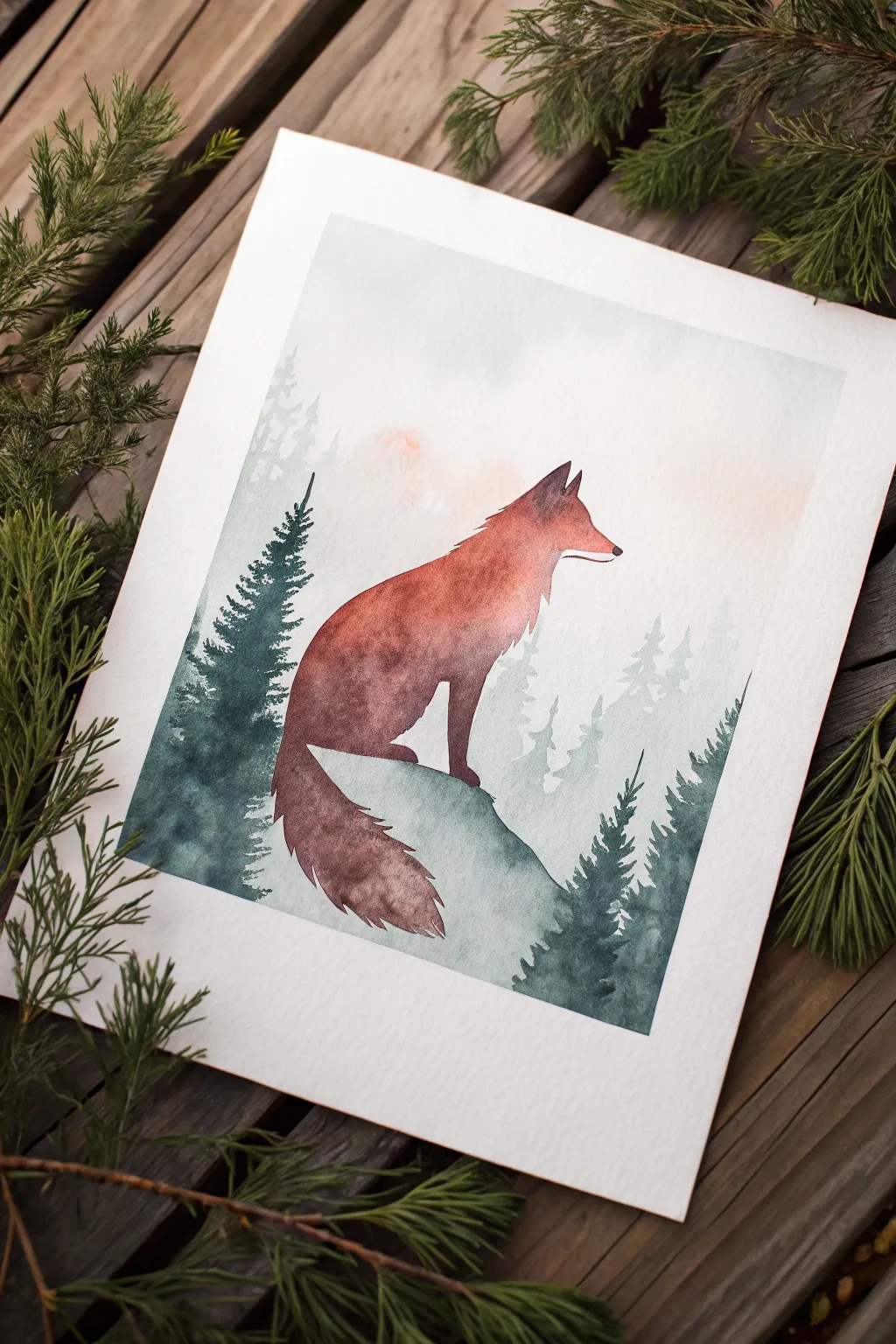 Double-exposure fox silhouette filled with foggy pines, minimalist Nordic-boho watercolor mood