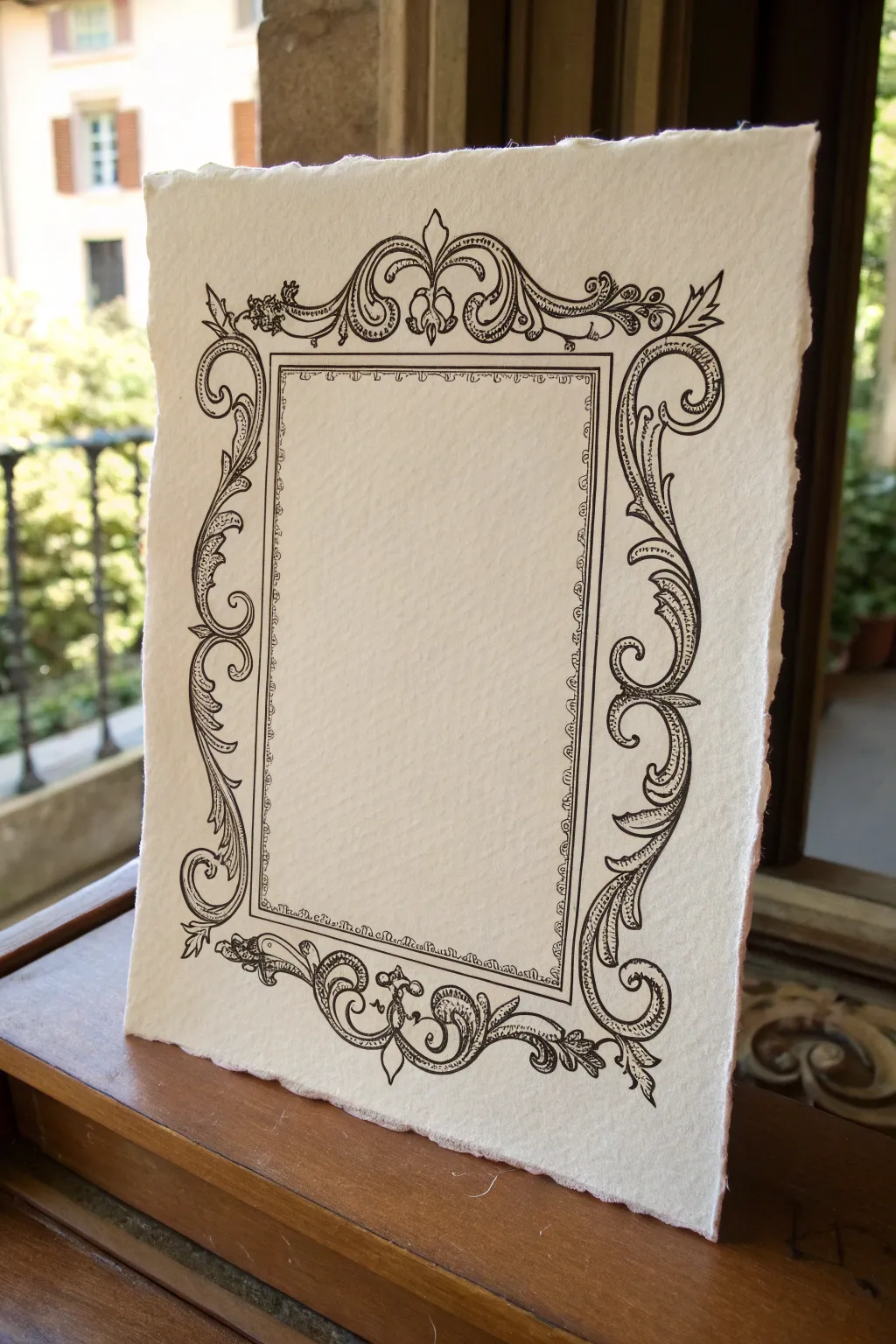 Baroque corner curls in crisp black ink, a minimalist frame sketch with artisan detail.