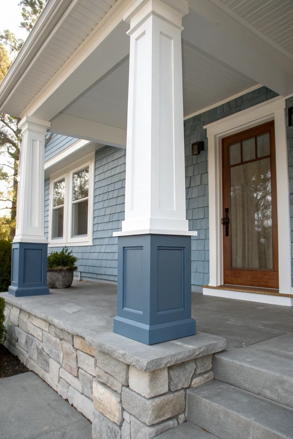 Cool blue-gray porch column with bright white trim against a gray stone foundation