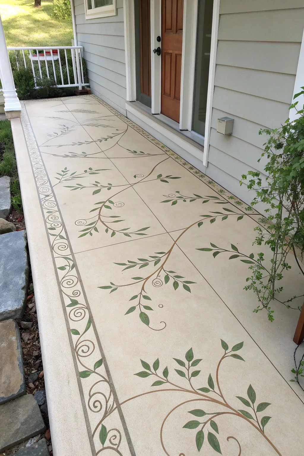 Minimal concrete porch paint with delicate corner vines for a clean Scandinavian-boho entry