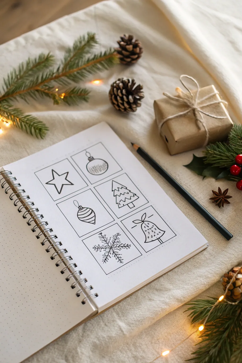Tiny Christmas doodle grid for quick festive sketch practice, minimal and cozy on clean paper
