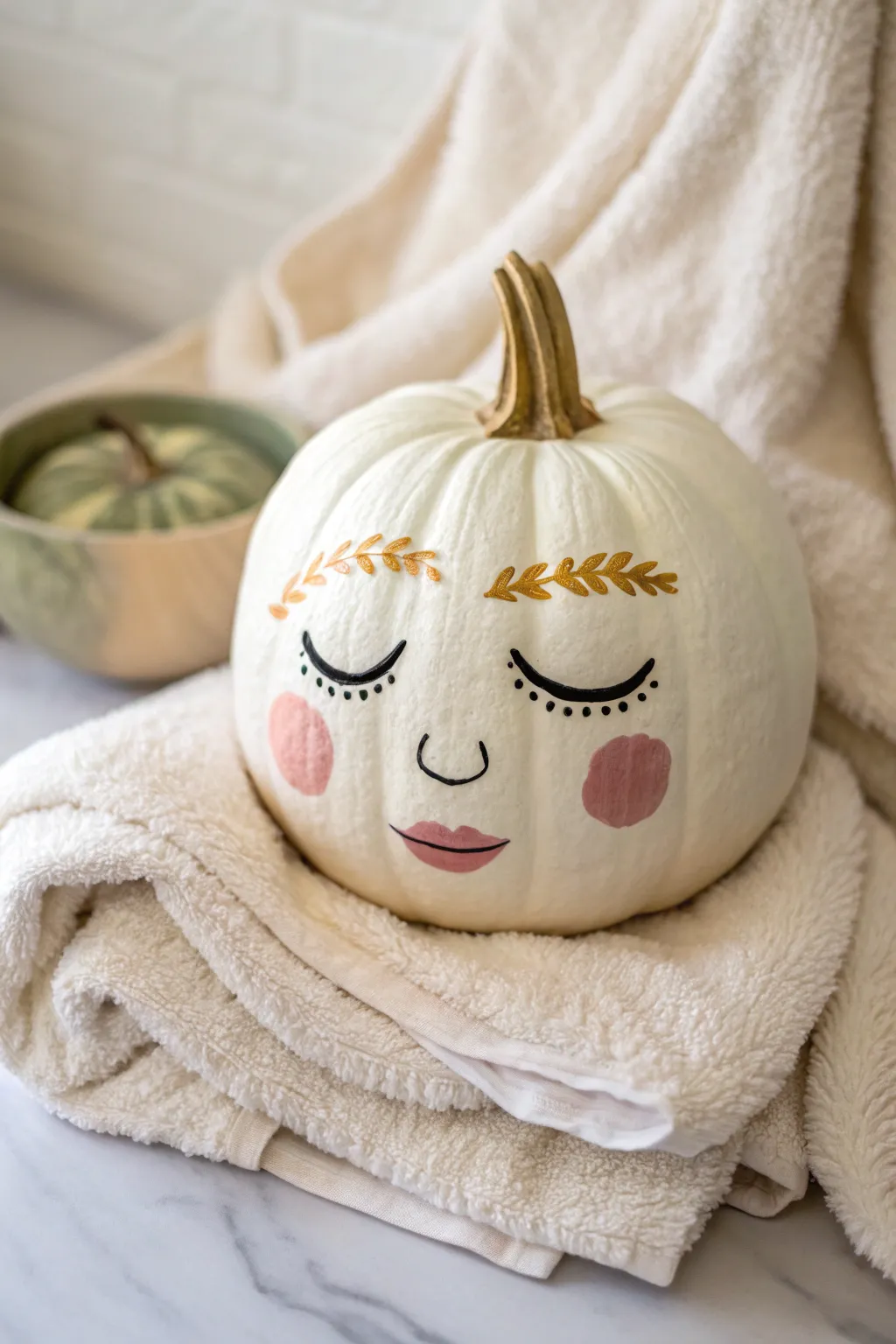 Spa day face mask pumpkin with rosy cheeks and towel-wrap vibe, minimalist boho fall art