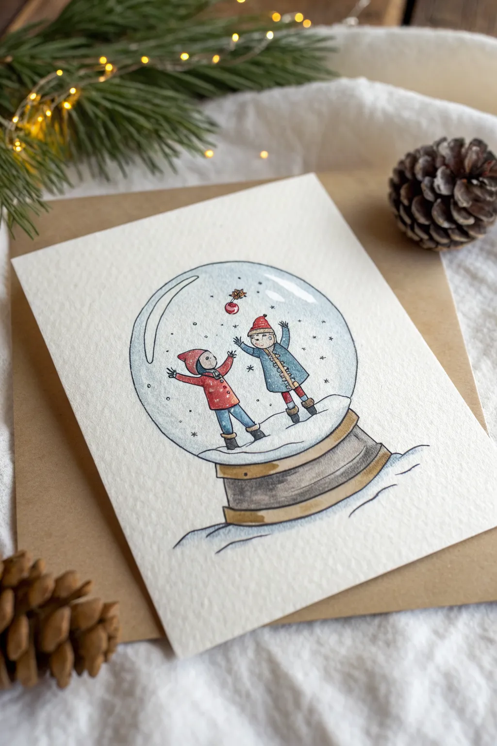 Minimalist snow globe drawing idea: tiny figures panicking in a wild Christmas blizzard swirl