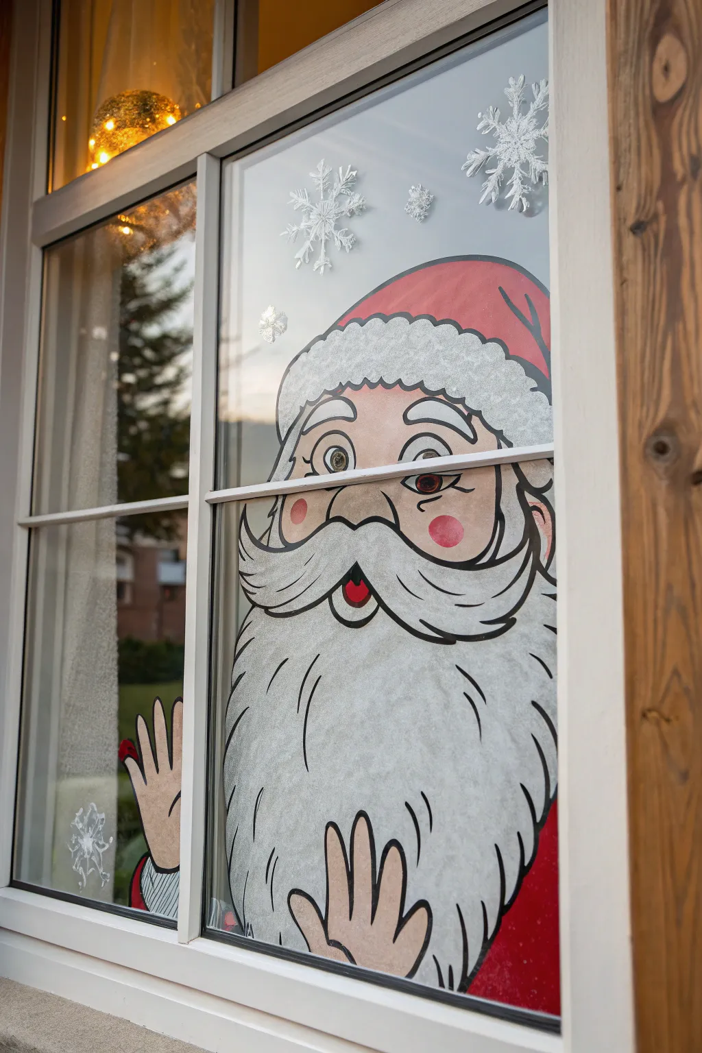 Paint Santas squished face and hands on the window for a playful inside-out Christmas illusion.
