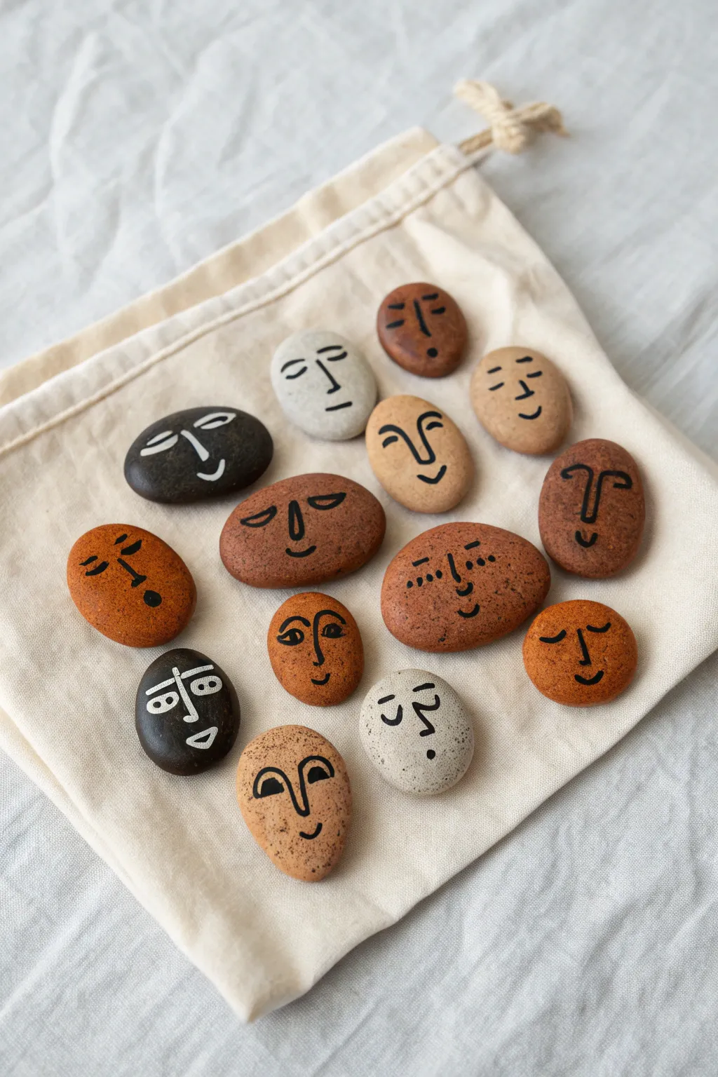 Mix-and-match painted face rocks for endless funny expressions in a clean minimalist flat lay