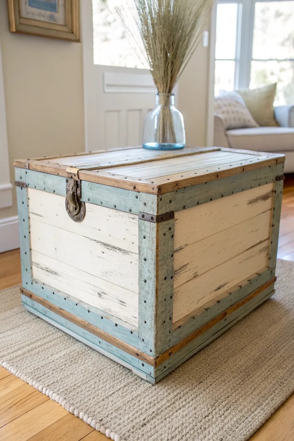 Layered coastal blues and sandy distressing on a trunk for driftwood inspired painted charm.