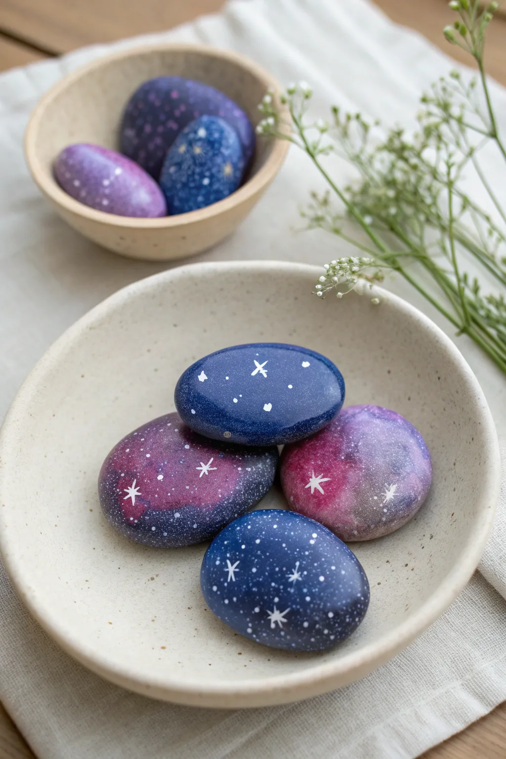 Mini galaxy stones in rich purples and blues, softly lit on a neutral linen tabletop